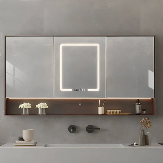 Wall-mounted bathroom mirror cabinet with LED lights and anti-fog technology in solid wood construction