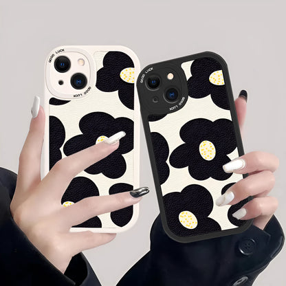 Anti-drop silicone phone case with black flower design, all-inclusive shockproof cover for iPhone models in white or black