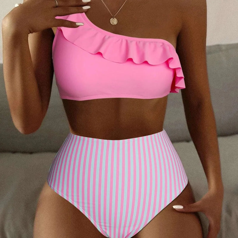 Women's swimsuit bikini striped solid colour set with spandex lining and polyester fibre fabric available in eight colours including royal blue pink wine red orange light blue light purple lavender purple Army Green