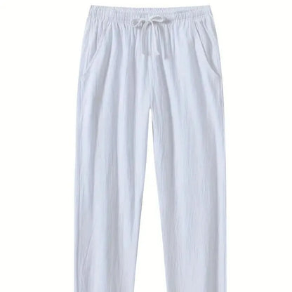 Men's cotton linen beach trousers in loose casual fit, shown in solid colour options