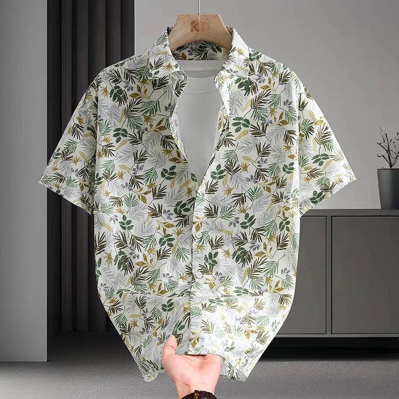 Men's Hawaiian style cotton summer shirt with floral printed pattern in cardigan design