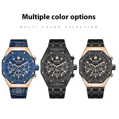 Men's multifunctional waterproof quartz watch with 13mm thickness showing three strap options