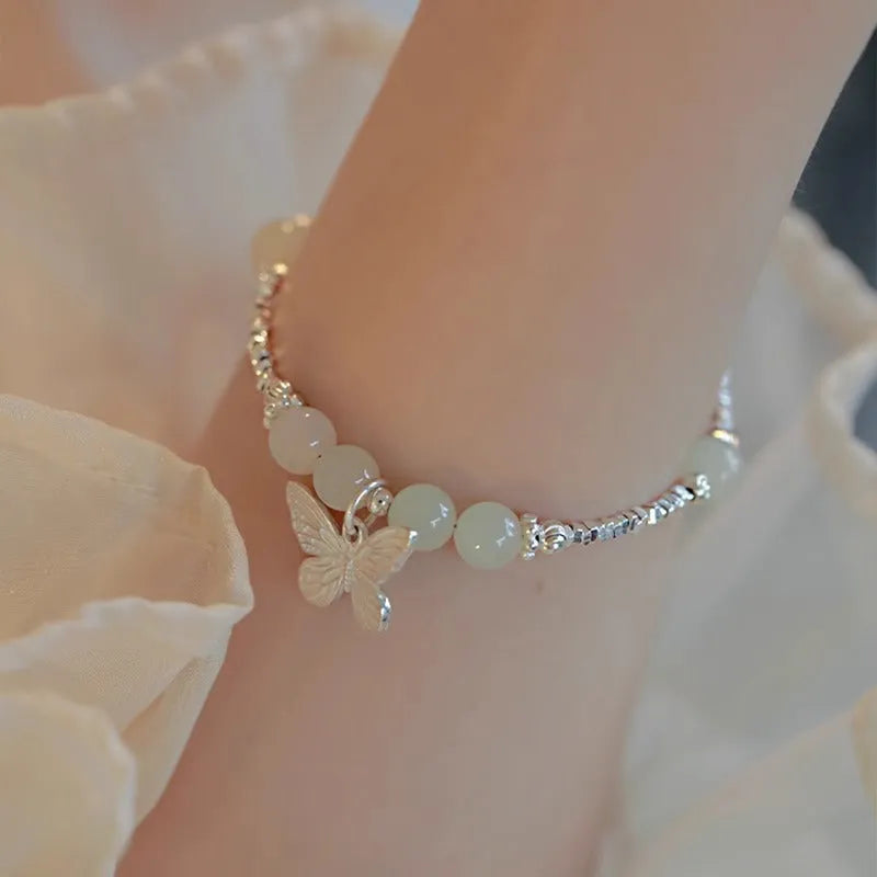 Hetian jade silver butterfly bracelet and necklace set for women with electroplated copper construction