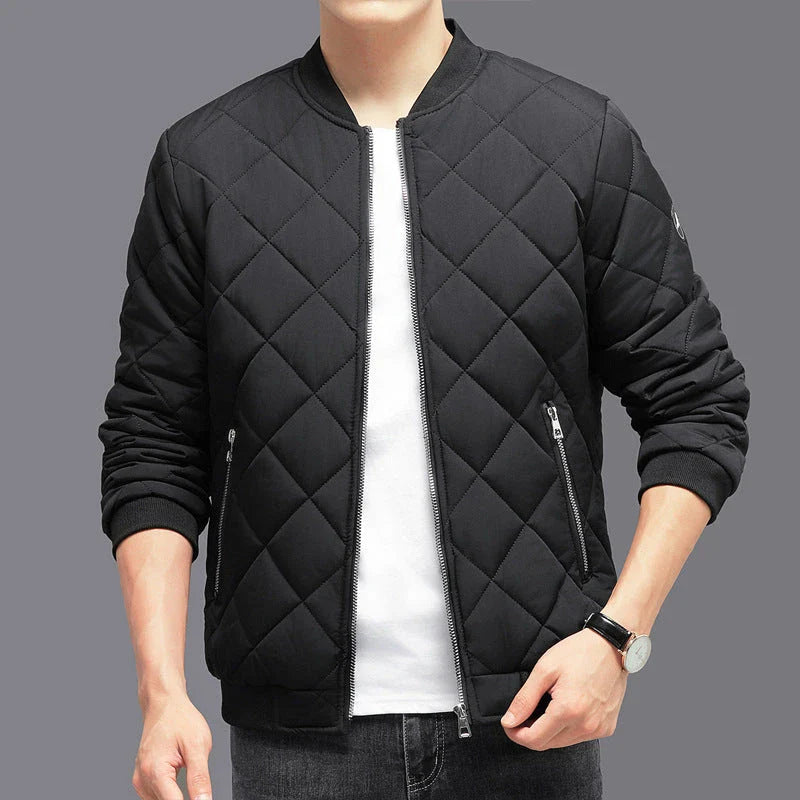 A warm, wind-resistant insulated jacket with a unique rhombic sewing design, available in a variety of fashionable colors for men.