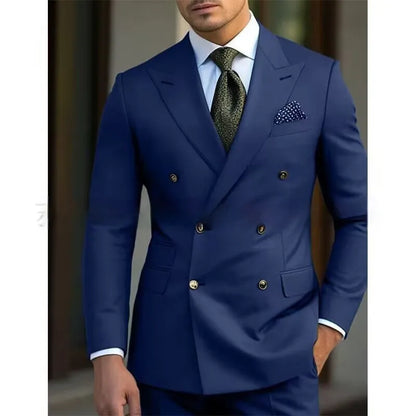 Men's light business suit set comprising a coat and trousers in a cotton blend fabric.