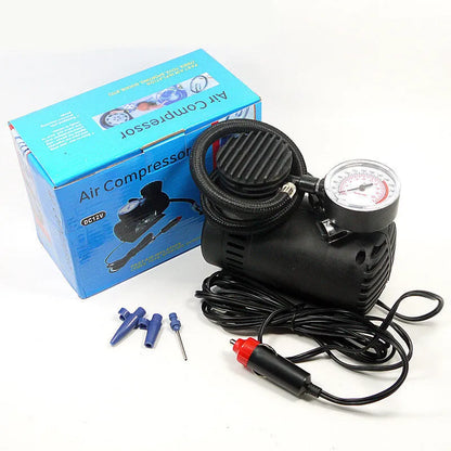Black 12V mini car air pump with compact plastic housing for portable tyre inflation