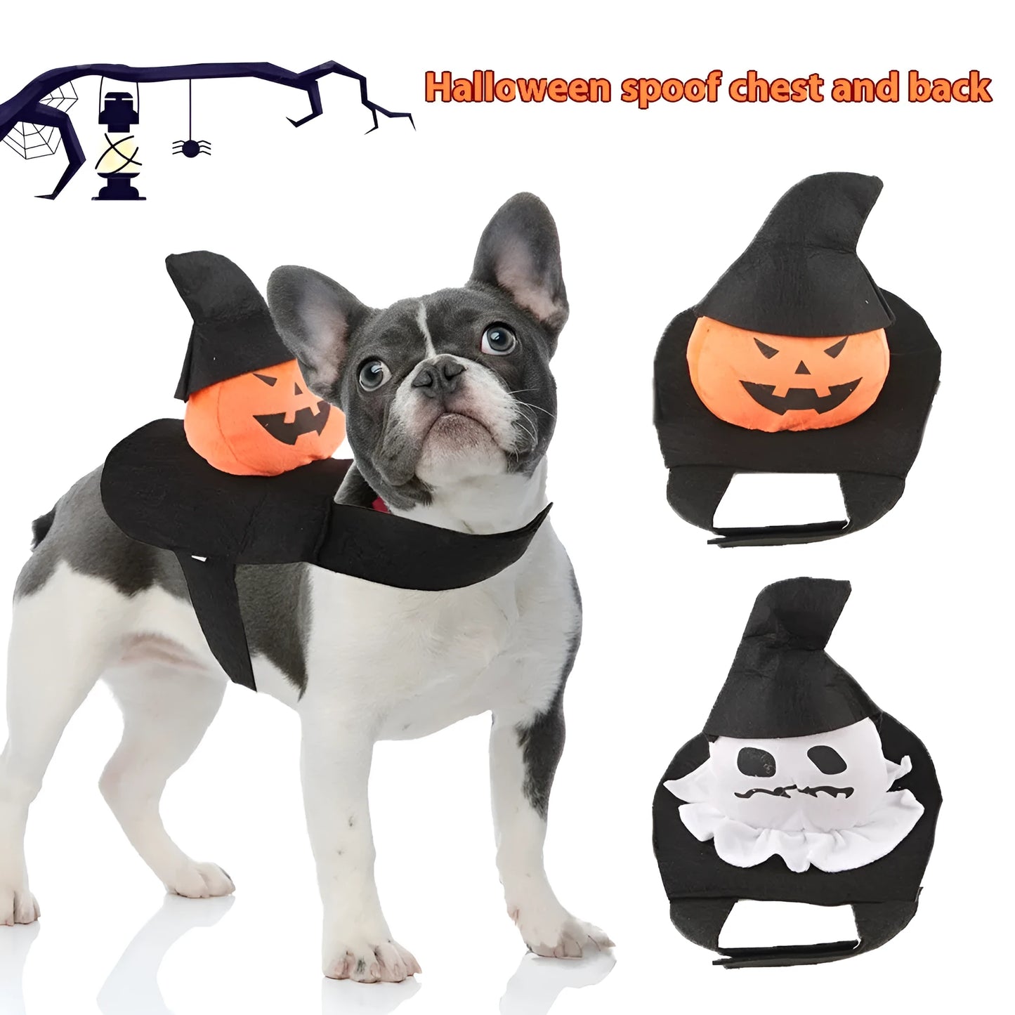 Dog wearing Halloween costume in ghost or pumpkin ghost design made from PP cotton