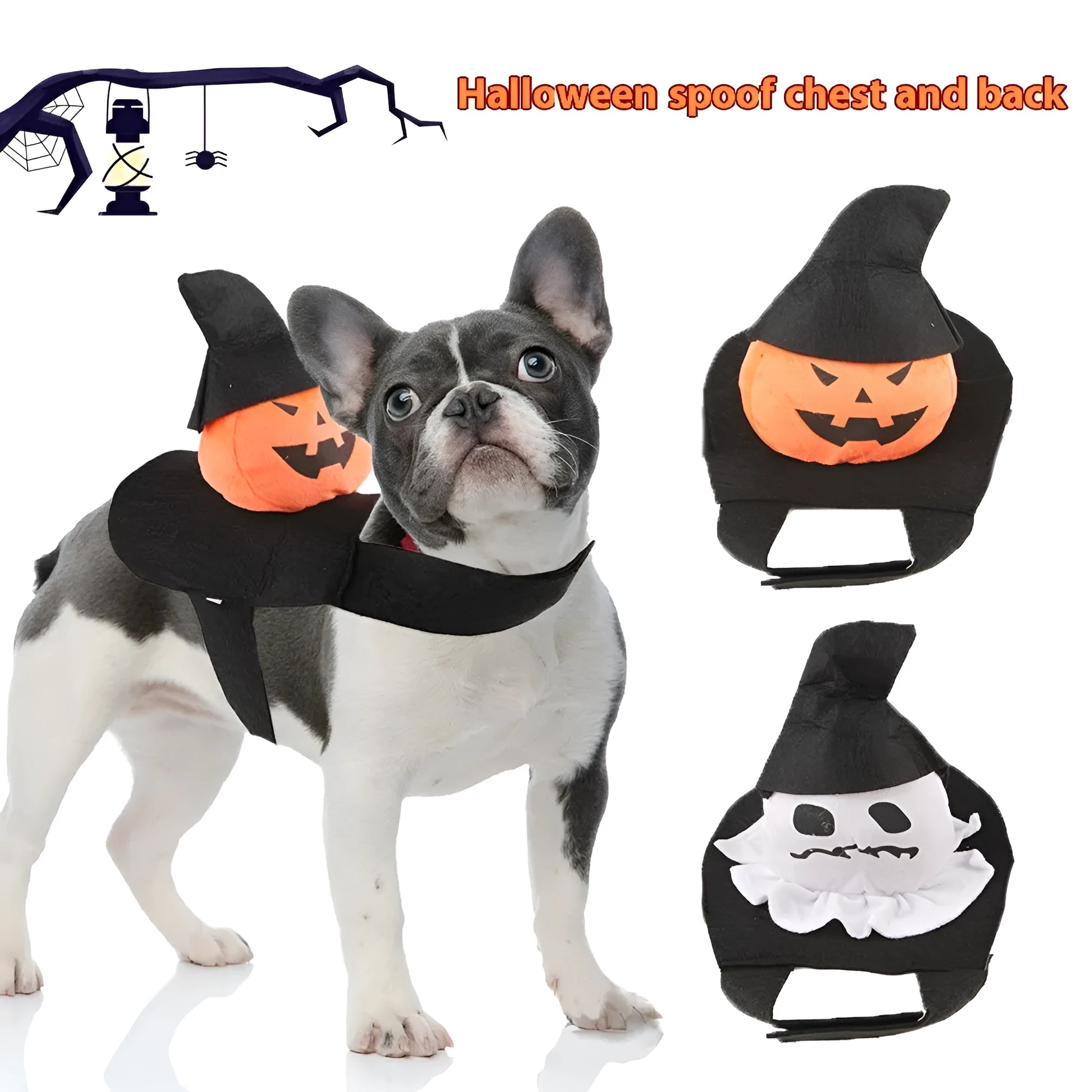 Dog wearing Halloween costume in ghost or pumpkin ghost design made from PP cotton