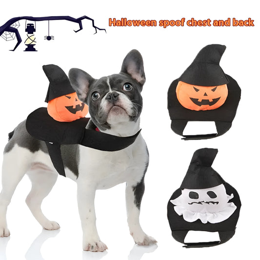 Dog wearing Halloween costume in ghost or pumpkin ghost design made from PP cotton