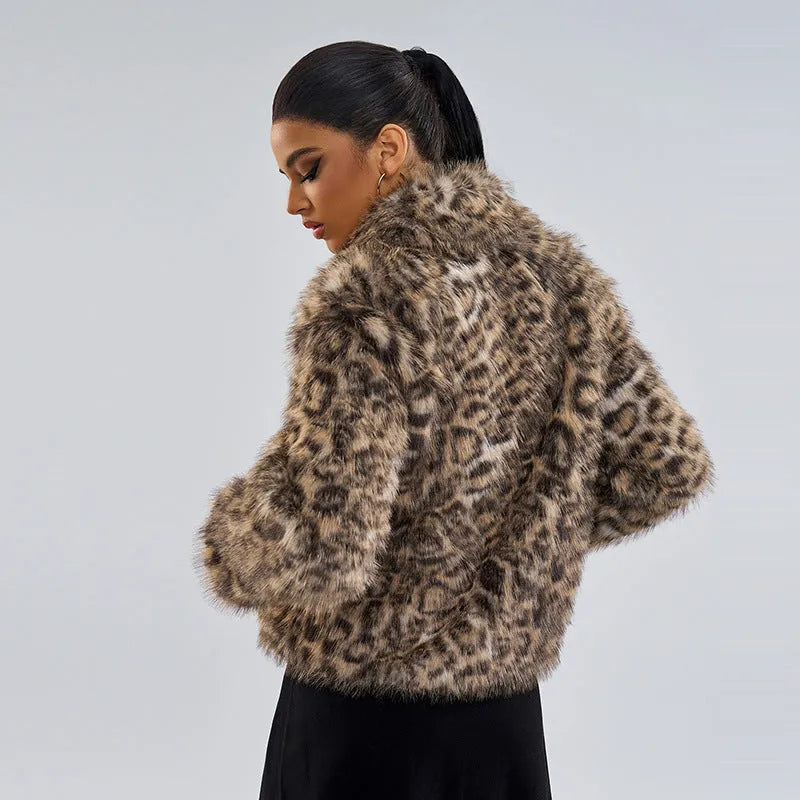 Leopard print women's coat with buckle lapel detail, regular sleeves, and street fashion style