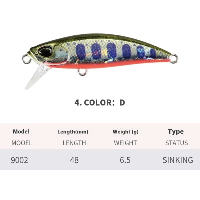 Japanese fishing lure with submerged mino design, 48mm length, 6.5g weight, shown in multiple colour variations