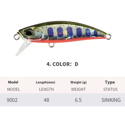 Japanese fishing lure with submerged mino design, 48mm length, 6.5g weight, shown in multiple colour variations
