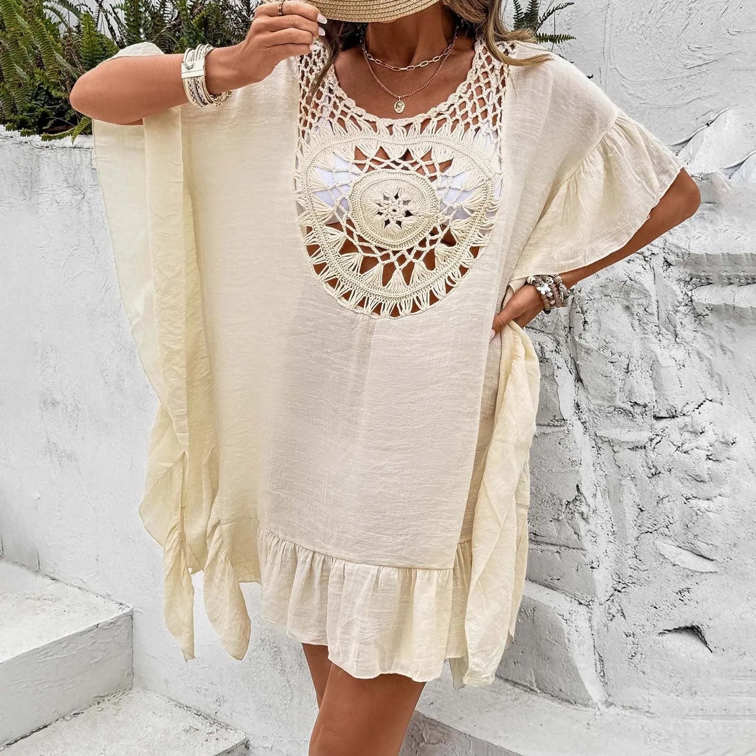 Beach crochet stitching tassel dress swimsuit with patchwork skirt in slubbed fabric, free size fit