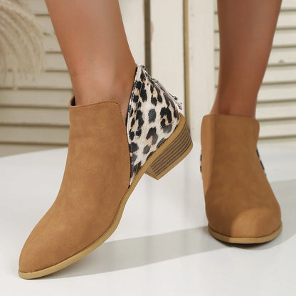 Women's leopard print boots with pointed toe and chunky heel in various colors
