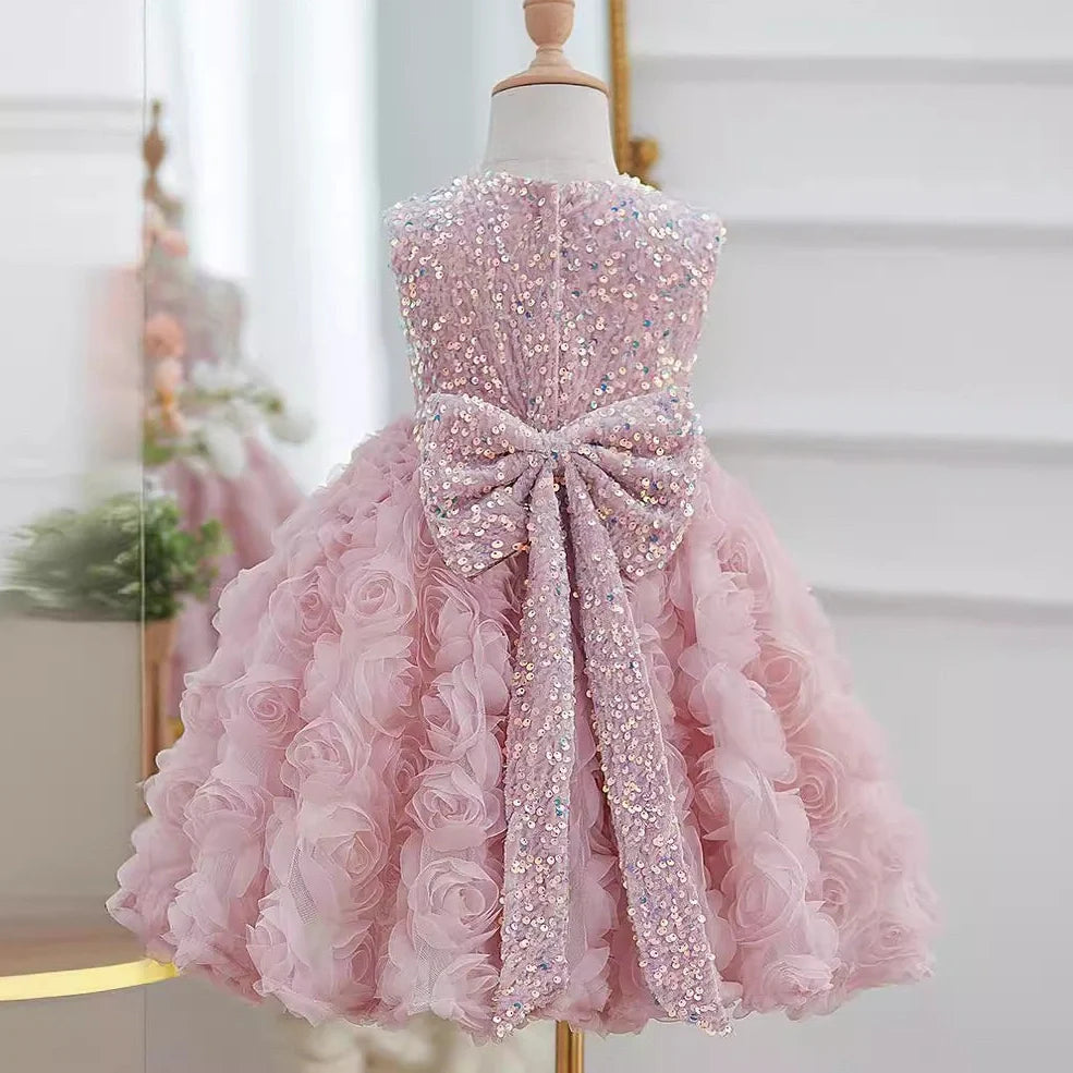 Pink girls pettiskirt with sequins and three-dimensional flowers, sleeveless design for heights 80-160cm