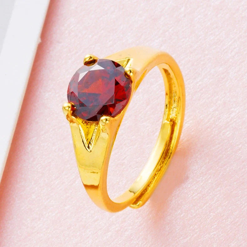 Women's adjustable copper ring with Vietnam placer gold zircon stones in six colour options showing adjustable opening mechanism