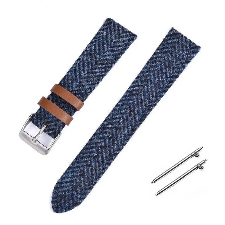 Harris woolen fabric watch strap with stainless steel buckle in blue, brown, khaki or green