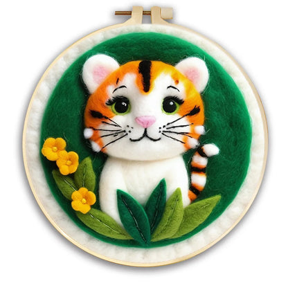 Round fabric embroidery kit with 20x20cm linen frame and wool felt for three-dimensional floral artwork