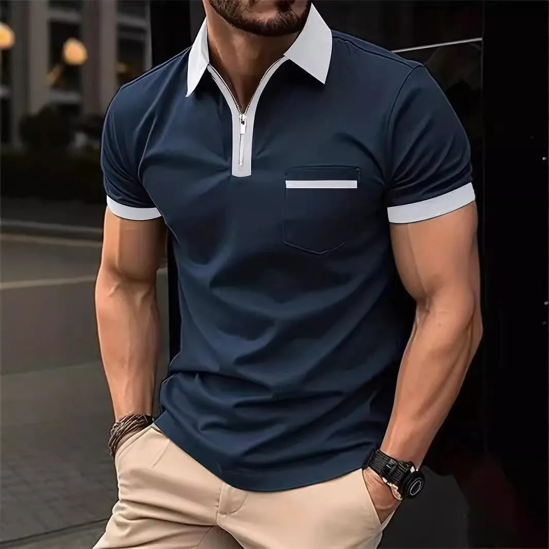 Men's short sleeve casual shirt with chest pocket zipper decoration in multiple colour combinations