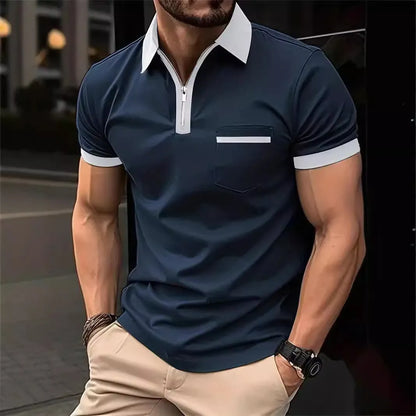Men's short sleeve casual shirt with chest pocket zipper decoration in multiple colour combinations