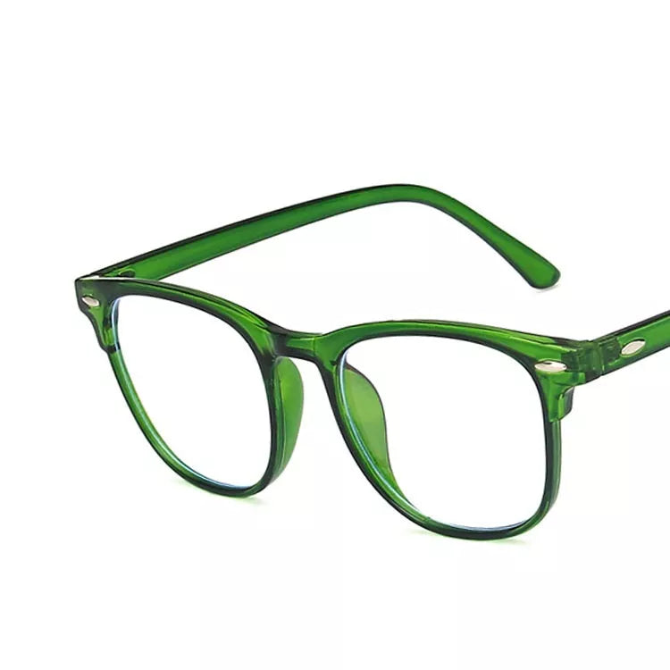 Retro Rivet Anti-blue Light Glasses in bright black, transparent green, gray, pink, and clear frames