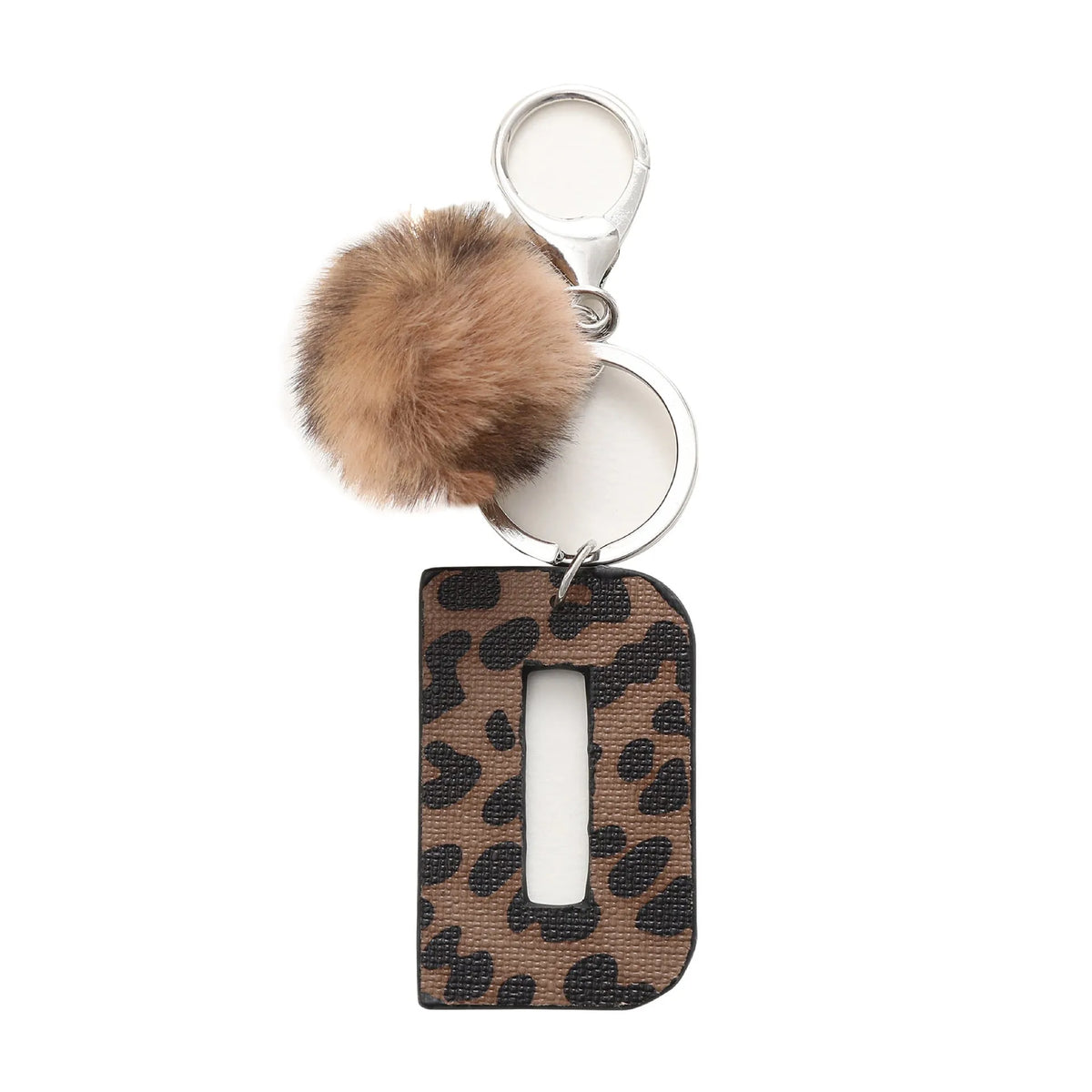 Leopard-print artificial leather keychain with oil-edged acrylic letter and included key ring, retro style