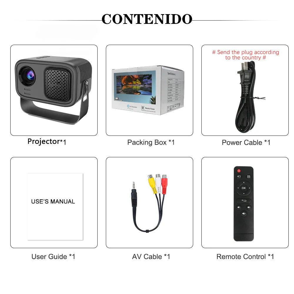 Black HD smart portable projector with remote control and cables on a table