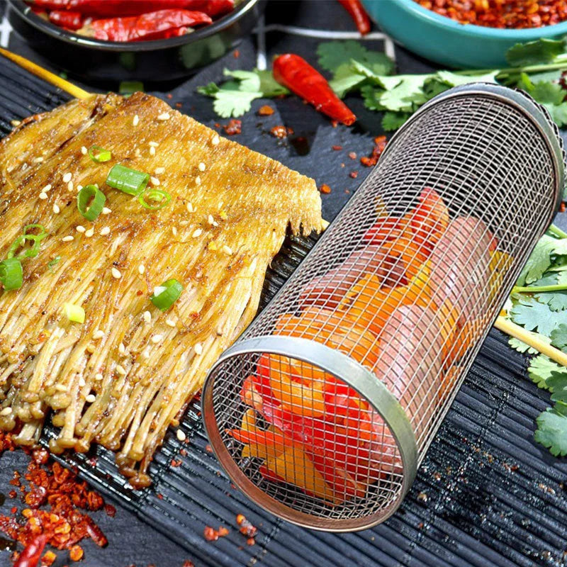 Stainless steel mesh grill basket for cooking a variety of foods on the barbecue