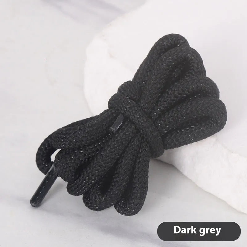 Round braided cotton shoelaces in multiple colours showing width and length options on a white background.