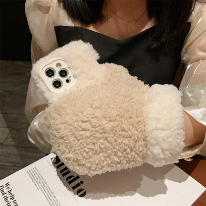 Brown glove plush phone case for Apple iPhone with TPU back cover and cold protection plush glove