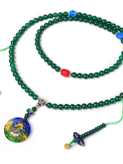 Handmade natural green agate bracelet with thangka pendant and multi-circle bead design