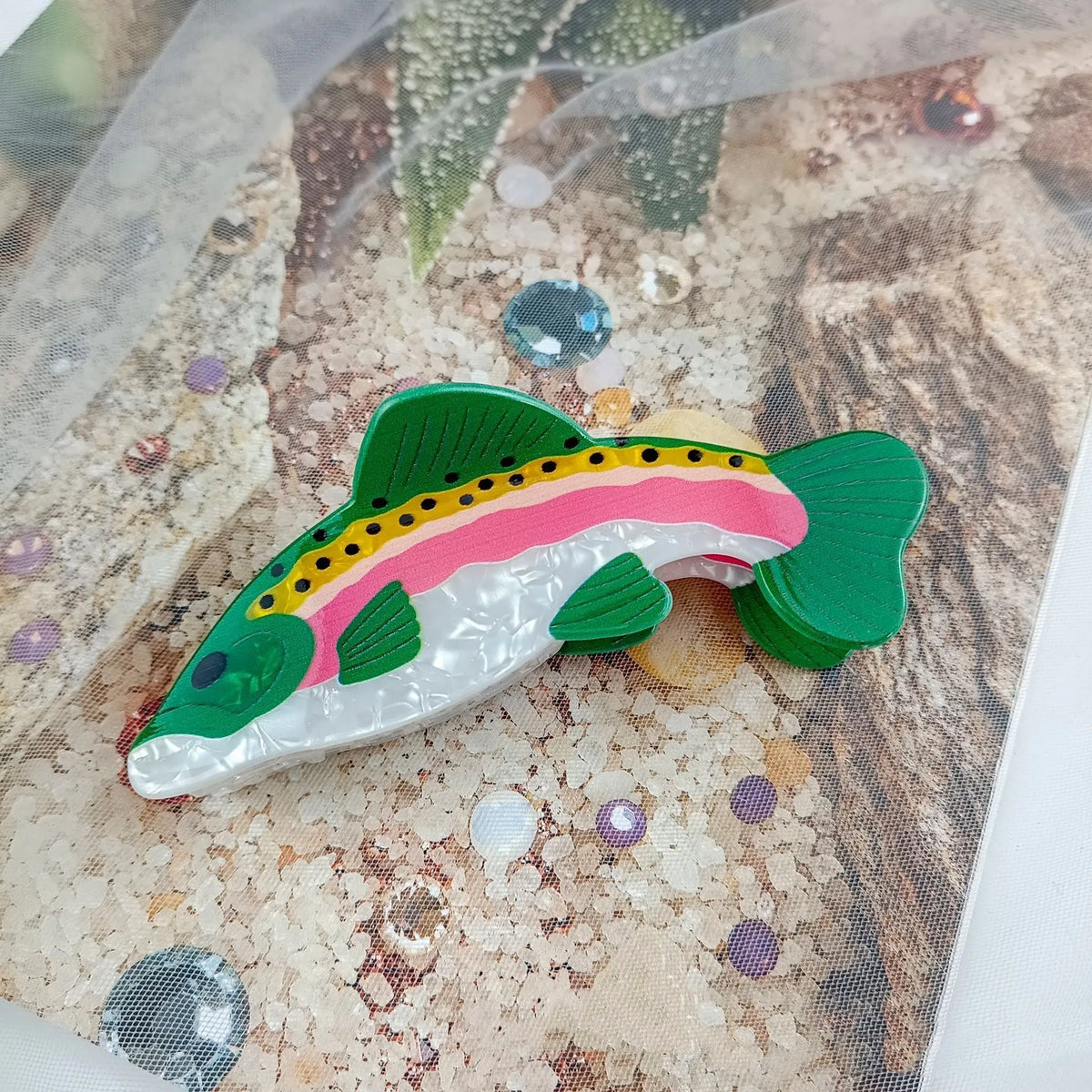 Dark green PVC hair clip with detailed rainbow trout fish design and scale pattern printing