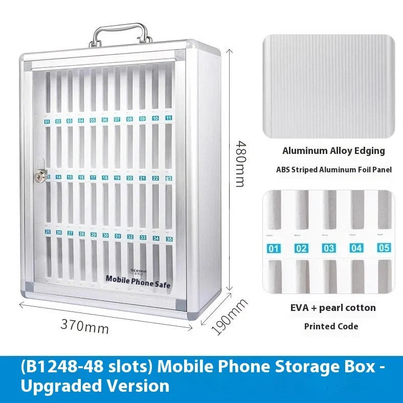 Silver aluminium alloy mobile phone storage cabinet with multiple compartments for device organisation