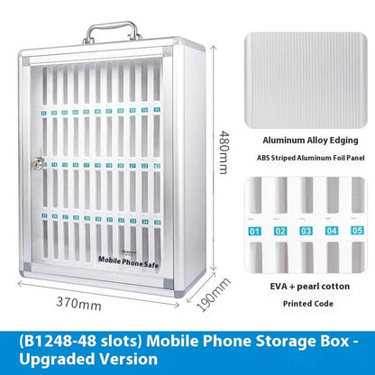 Silver aluminium alloy mobile phone storage cabinet with multiple compartments for device organisation