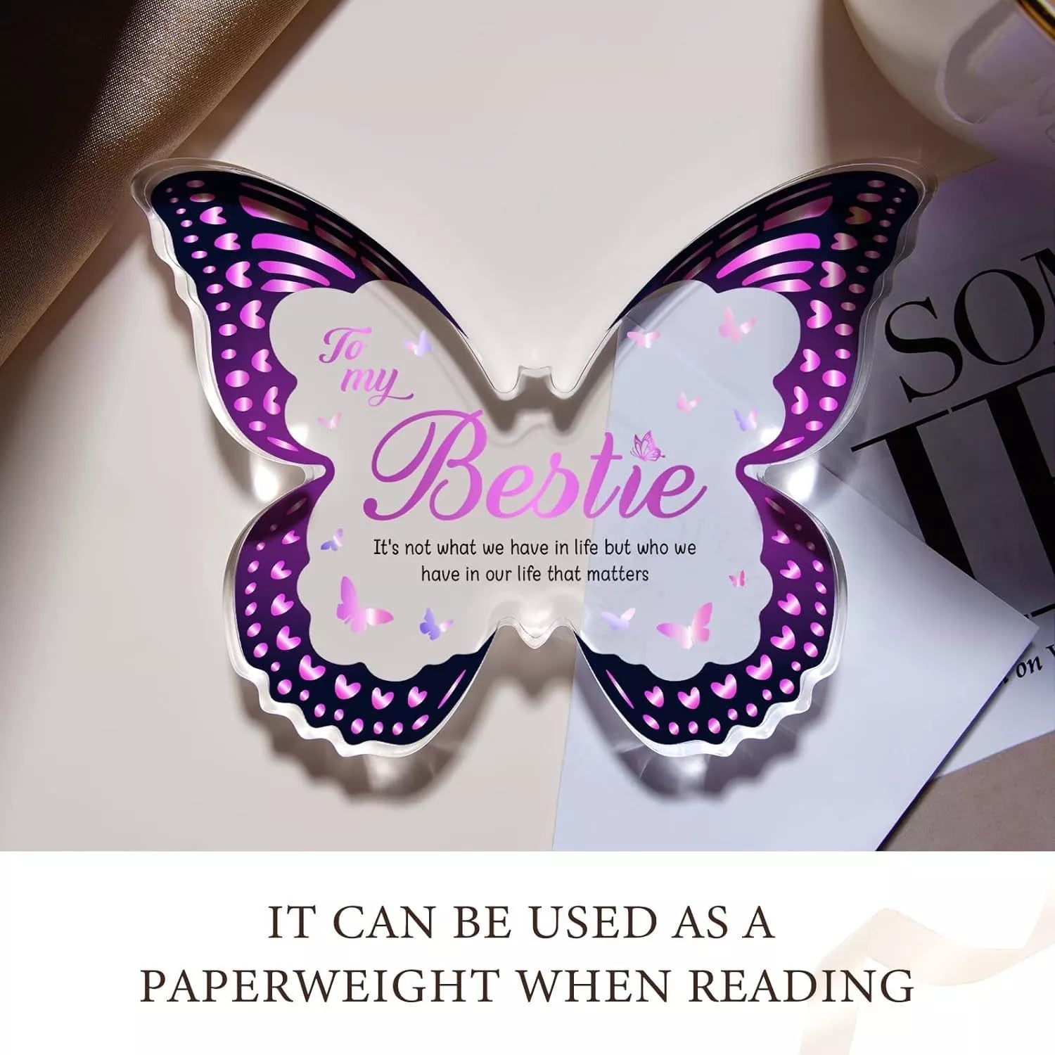 Butterfly-shaped acrylic keepsake with purple wing patterns and personalized message
