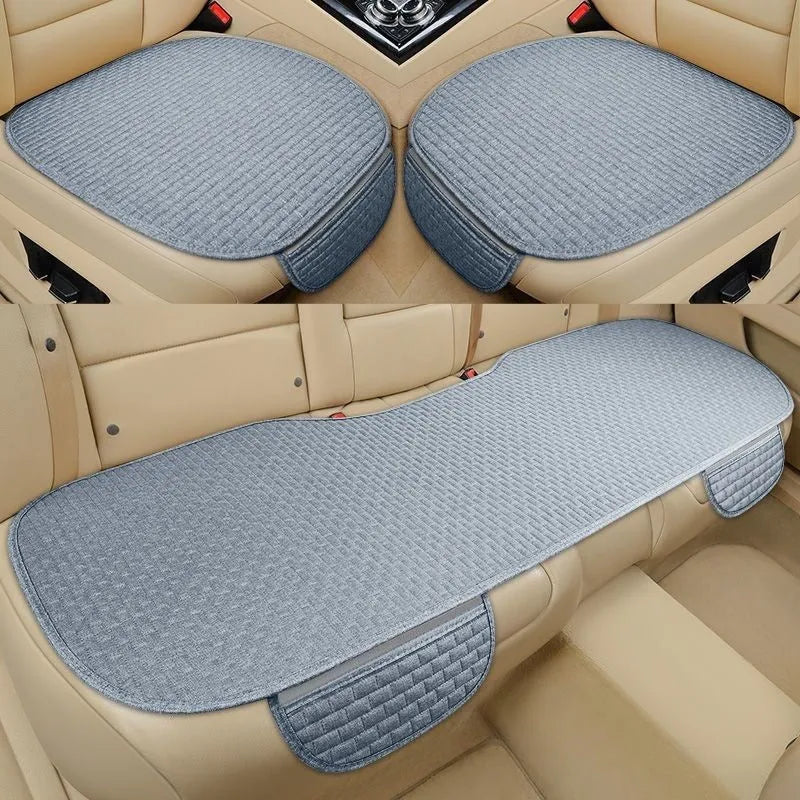 Linen car cushion with plaid pattern in cream colour on automotive seat