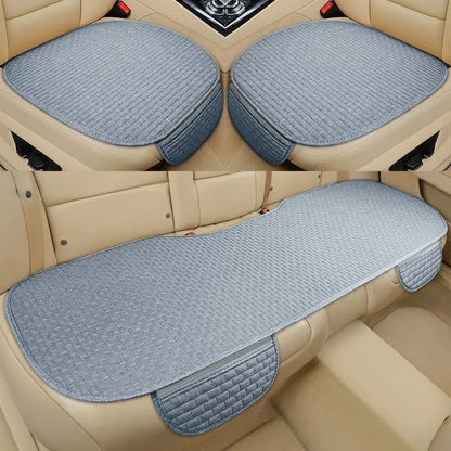Linen car cushion with plaid pattern in cream colour on automotive seat