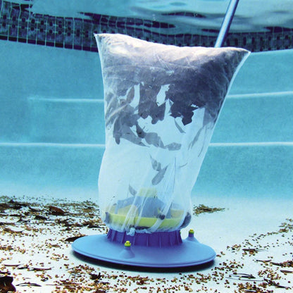 Blue swimming pool vacuum cleaner with suction head and mesh bag for garden hose attachment