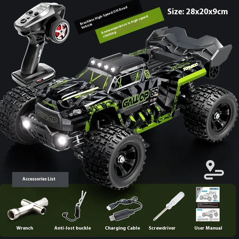 Green brushless remote control car with four-wheel drive and metal components for outdoor racing