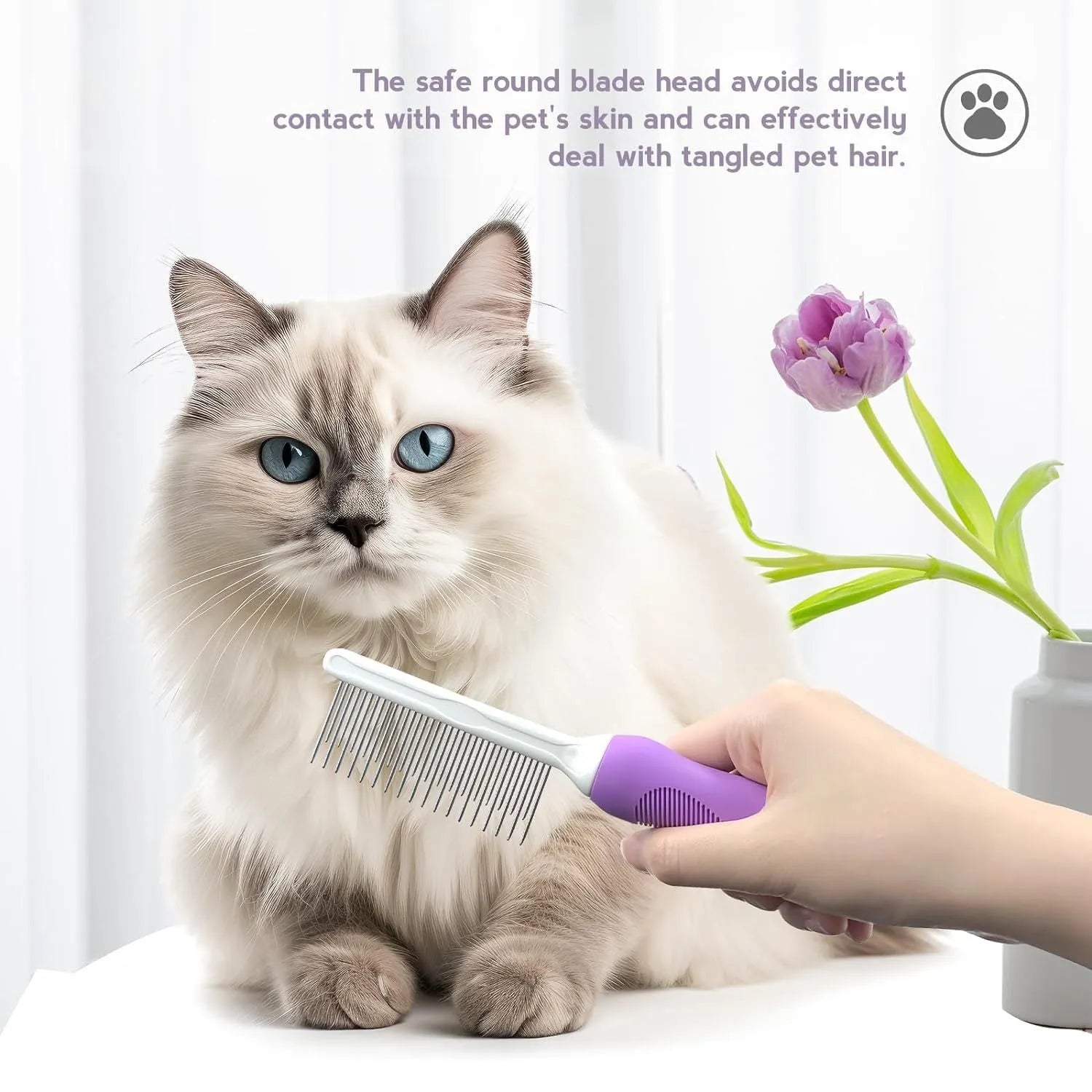 Purple detangling pet comb with stainless steel teeth for grooming dogs and cats, showing ergonomic handle.