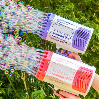 Powerful 69-hole bubble blasting rocket launcher with colorful LED lights for endless bubble-popping fun