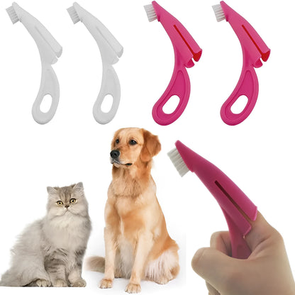 Red and white pet finger toothbrushes with soft silicone bristles for cleaning dog and cat teeth.