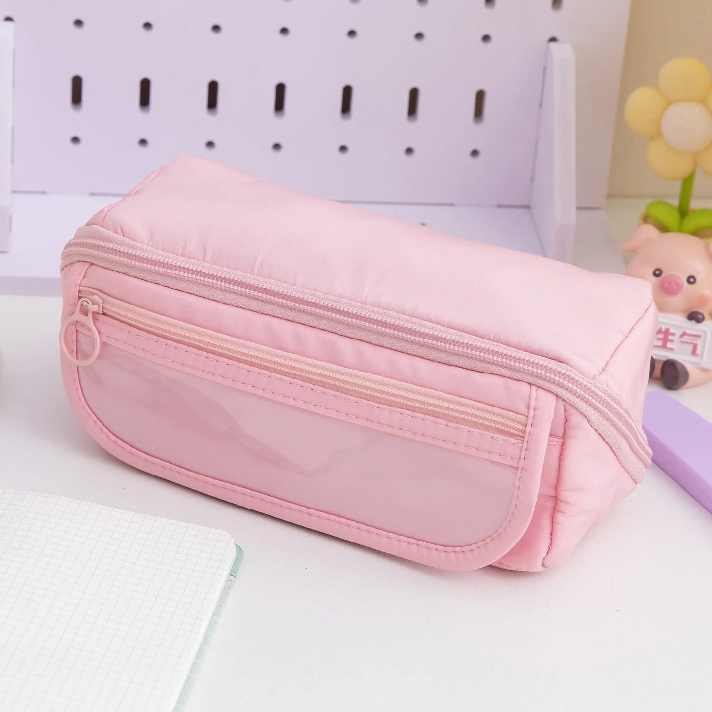 Korean-style canvas pencil case showing ten-layer flip design in Girl Pink colour