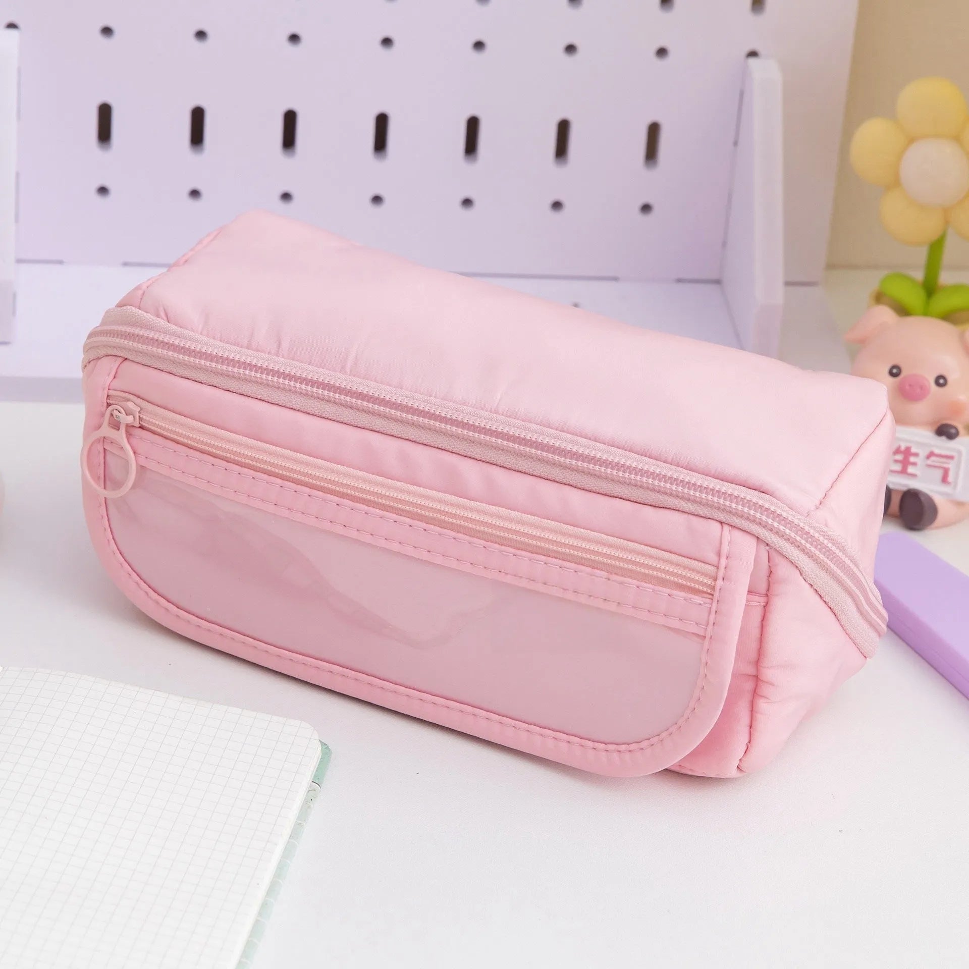 Korean-style canvas pencil case showing ten-layer flip design in Girl Pink colour