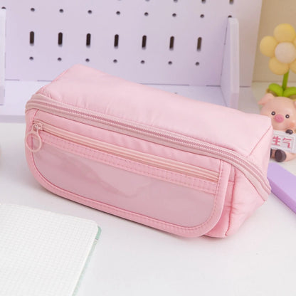 Korean-style canvas pencil case showing ten-layer flip design in Girl Pink colour