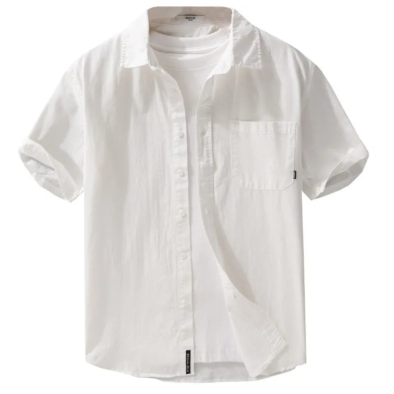 Men's loose fit pure cotton short sleeve shirt in cardigan style, shown in light blue.