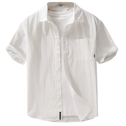 Men's loose fit pure cotton short sleeve shirt in cardigan style, shown in light blue.