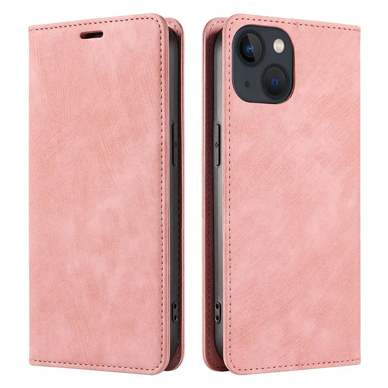 Magnetic flip phone case cover in seven colours for iPhone models with TPU and leather construction