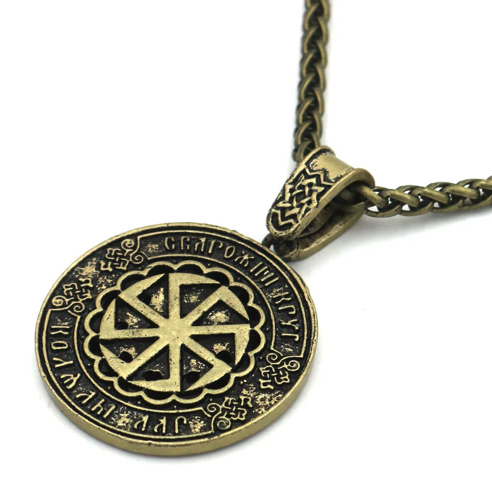 Lunavin ODing text logo pendant on an adjustable snake bones chain and leather rope in antique bronze finish.