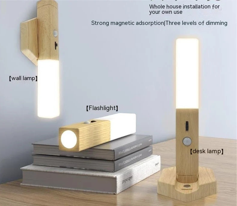 Geometric wooden night lamp measuring 20cm long with LED induction lighting and Nordic design